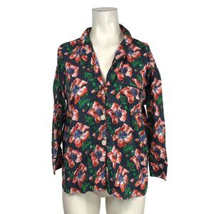 SLEEPY JONES- WOMEN'S SMALL~GRAY FLORAL LOGN SLEEVE BUTTON V NECK COTTON TOP